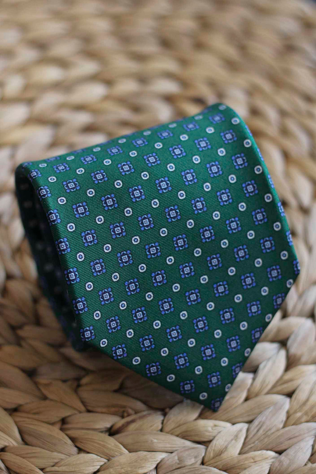 Napoli Green Silk Tie Mixed Sky Blue and White Geometry
