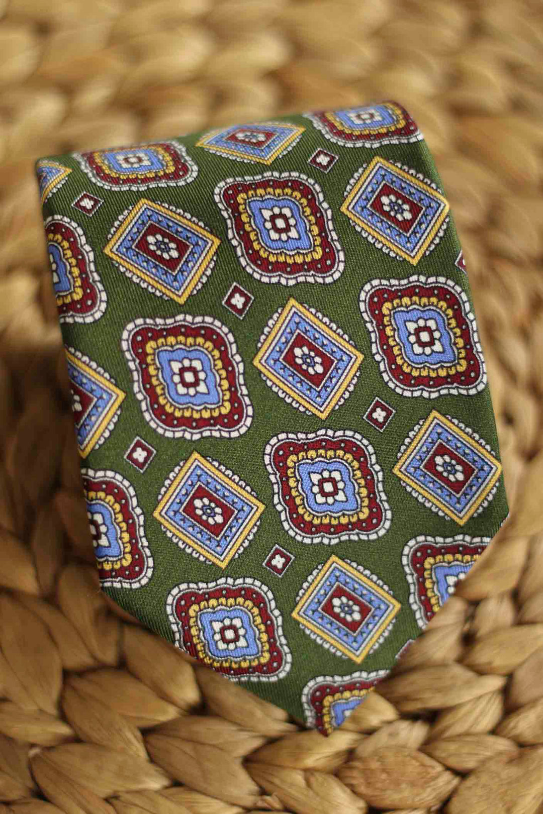 Napoli Silk Olive Green Geometry XL Blue Yellow Red and White Tie