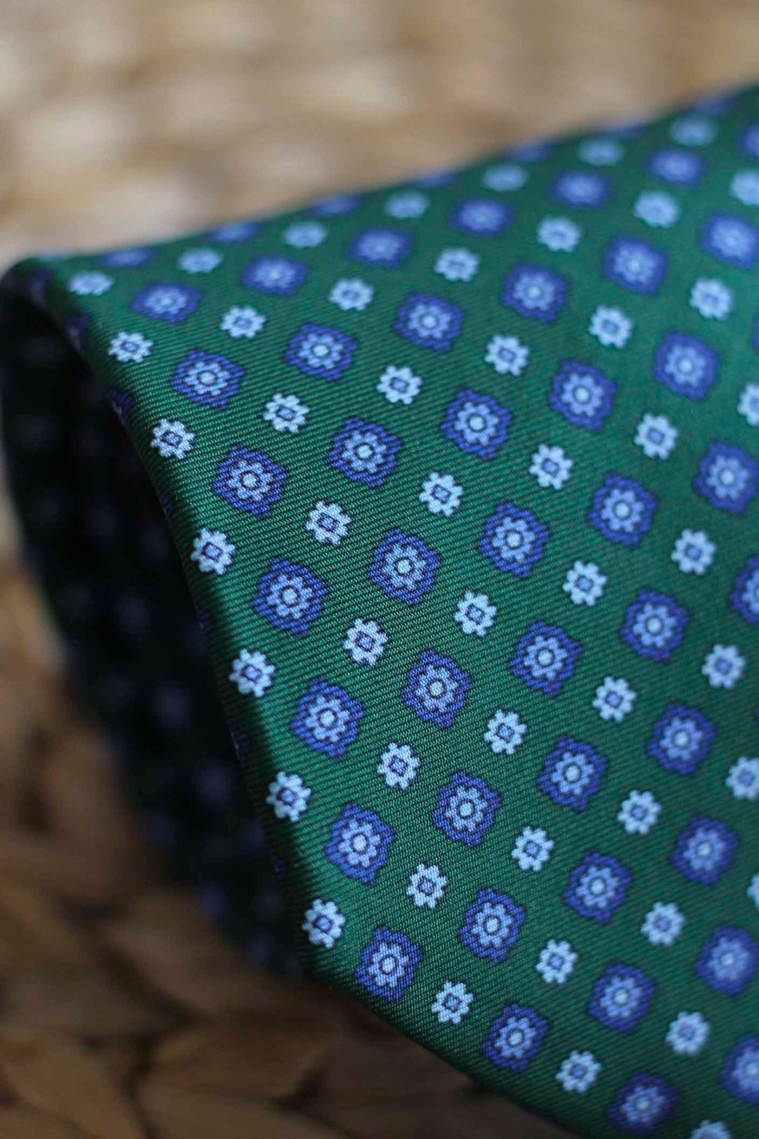 Green Silk Tie with Blue Tones Daisies