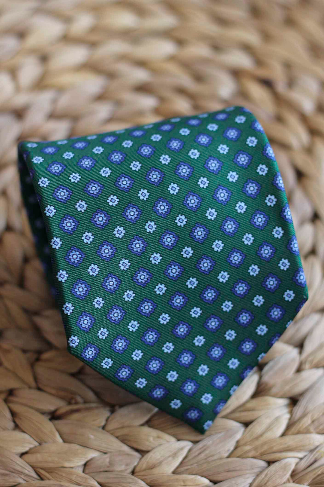 Green Silk Tie with Blue Tones Daisies
