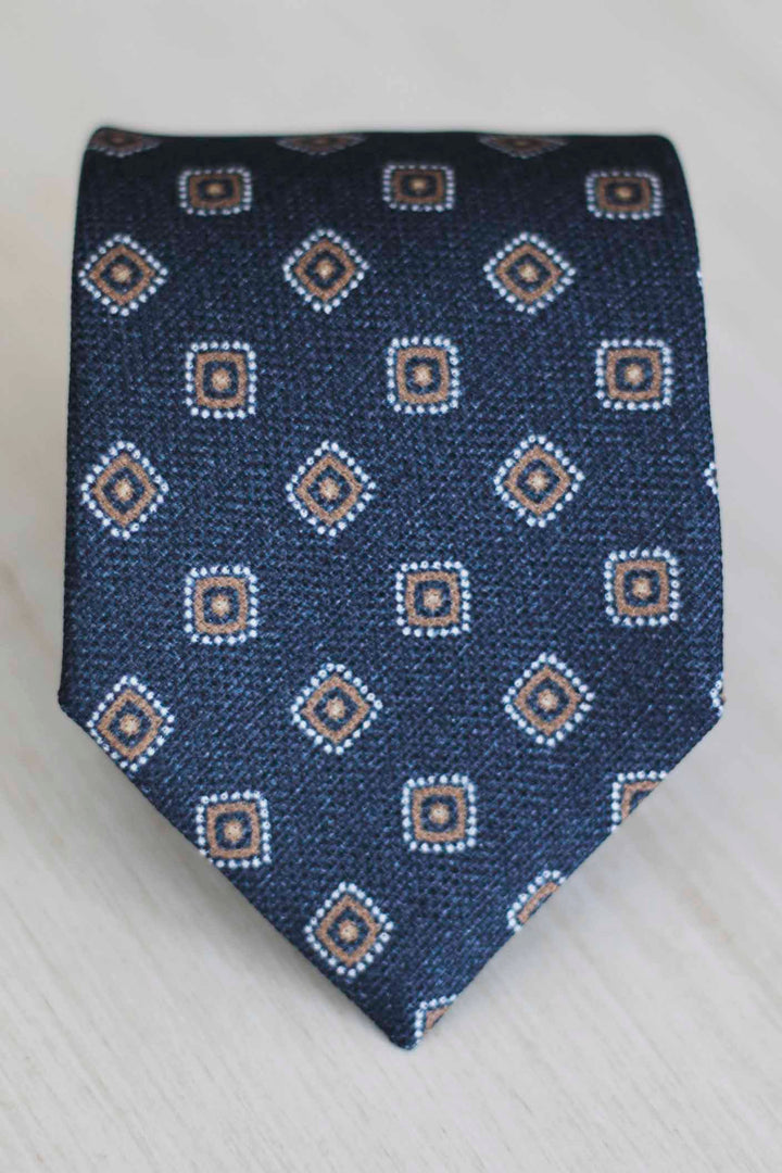 Worn Blue Heron Silk Tie Latte, White and Navy Rhomboid Geometry