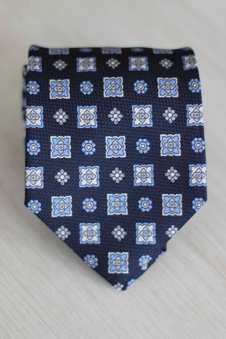 Navy Blue Heron Silk Tie Mixed Light Blue and White Geometry