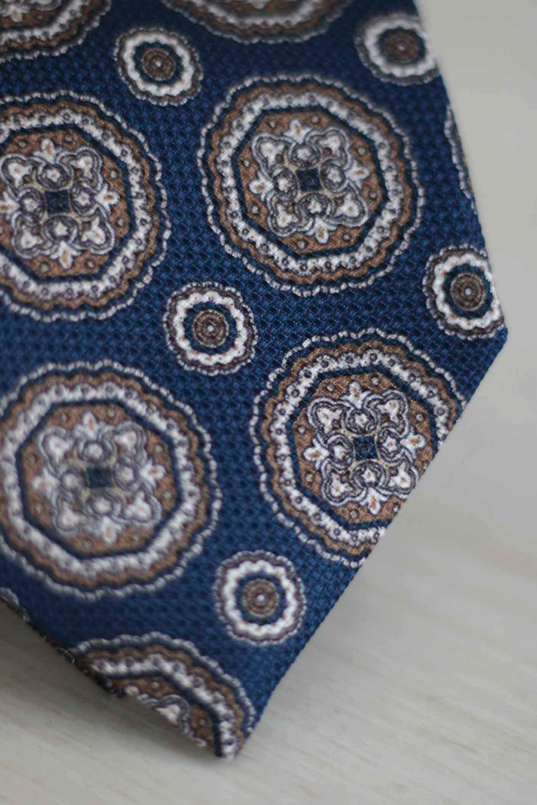 Blue Heron Silk Tie Royal Coronas XL Latte, Navy Blue and Bone