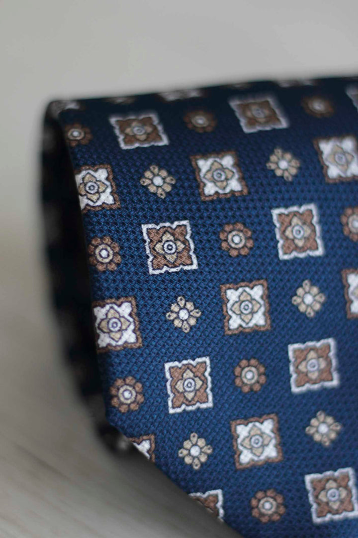 Royal Blue Heron Silk Tie Mixed Geometry Brown Latte and White
