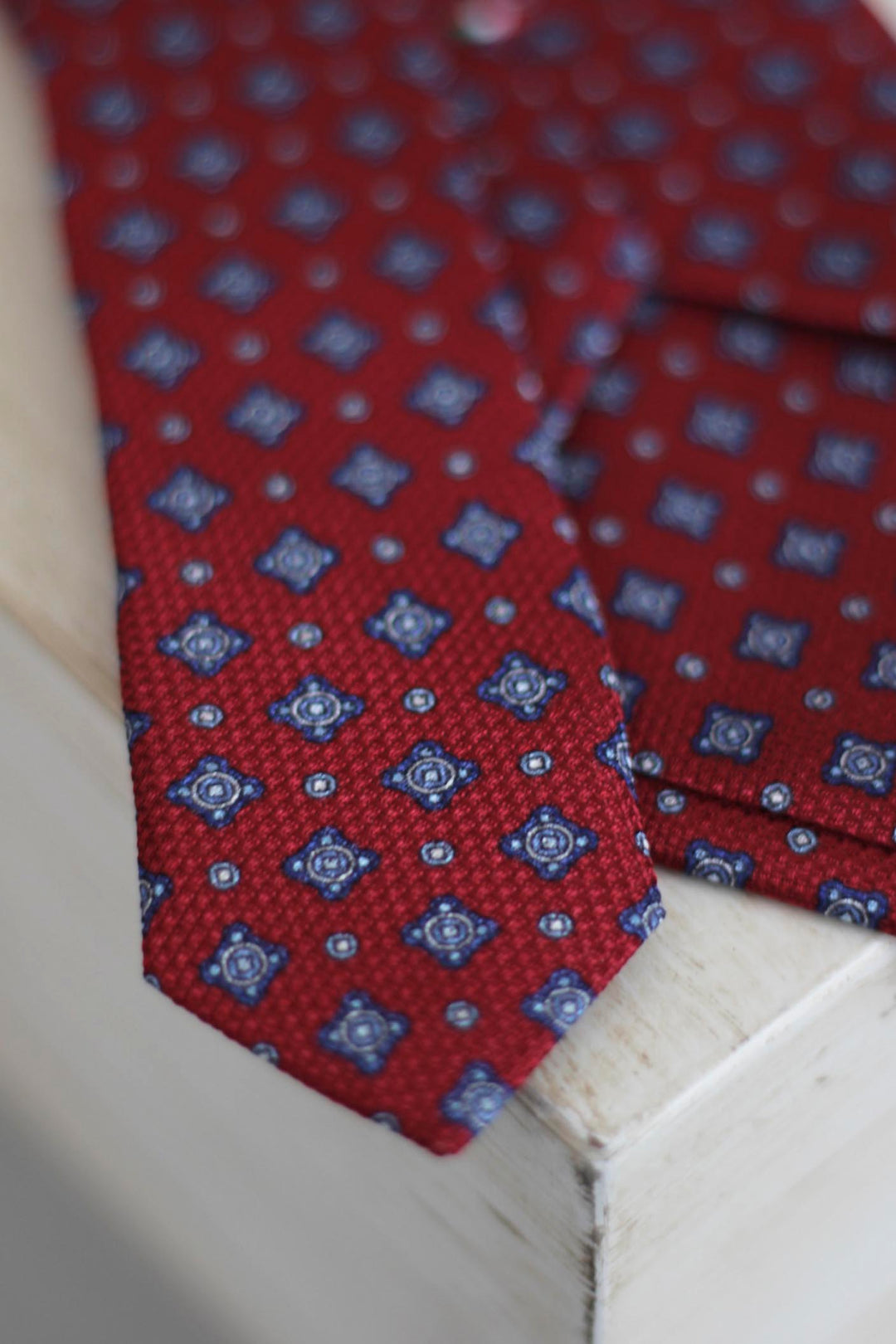 Vermilion Heron Silk Tie Light Blue and White Geometry