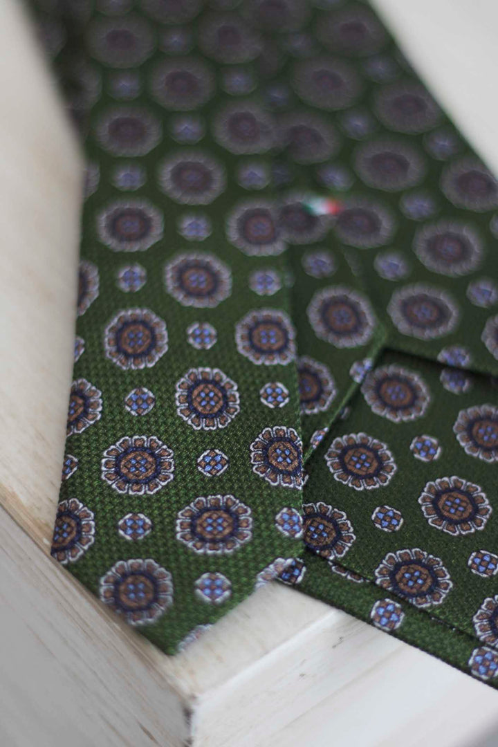 Olive Green Heron Silk Tie Octagonal Medallion Blue Tones and Sawdust