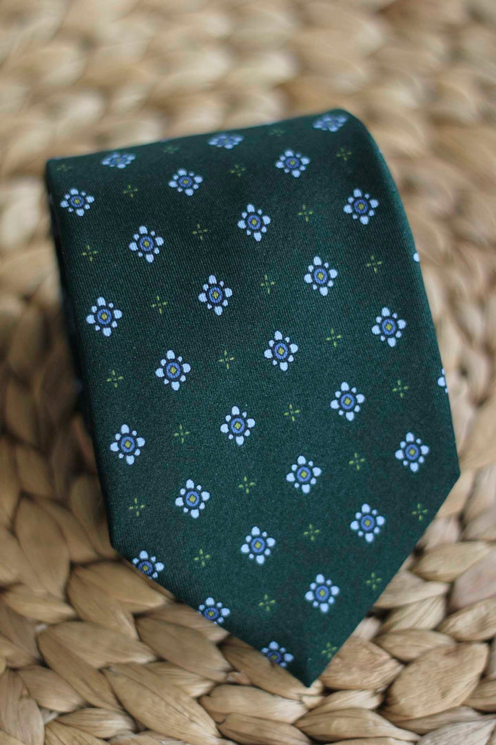 Napoli Silk Bottle Green Tie Sky Blue and Yellow Geometry