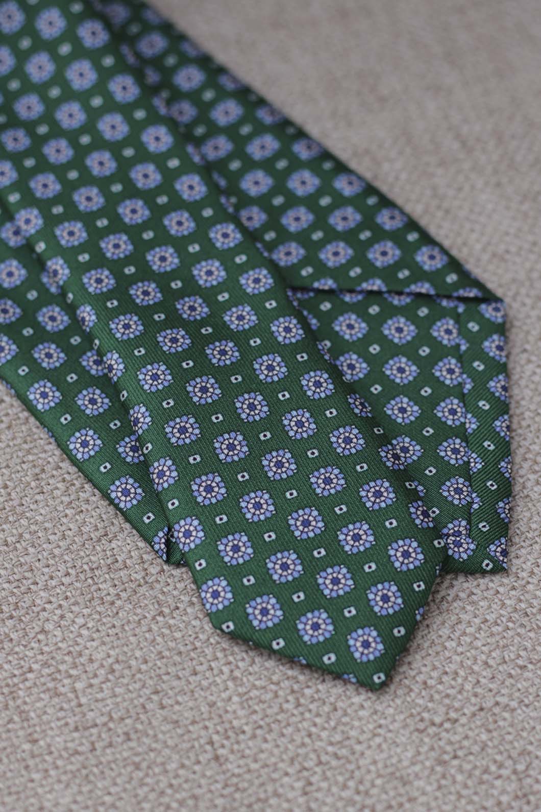 Napoli Green Silk Tie White and Light Blue Circular Geometry