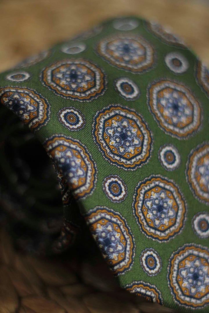 Napoli Spring Green Silk Tie Crowns XL Mustard and Navy