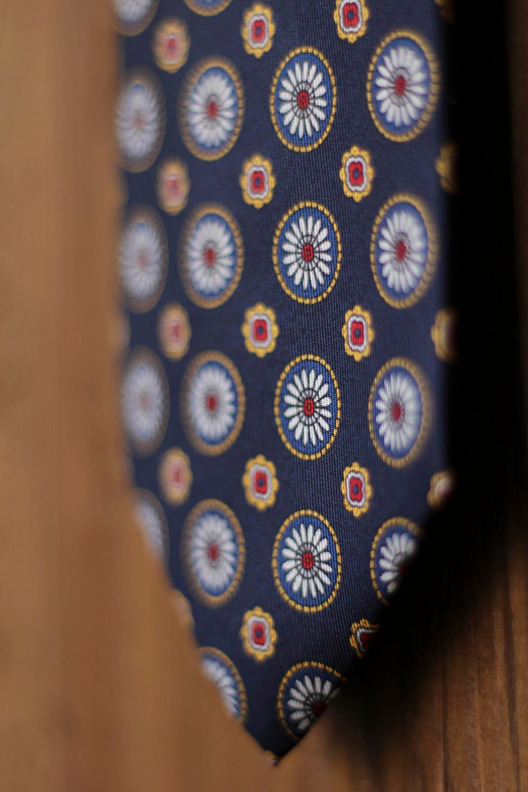 Napoli Navy Blue Silk Tie with Blue, White and Yellow Geometry