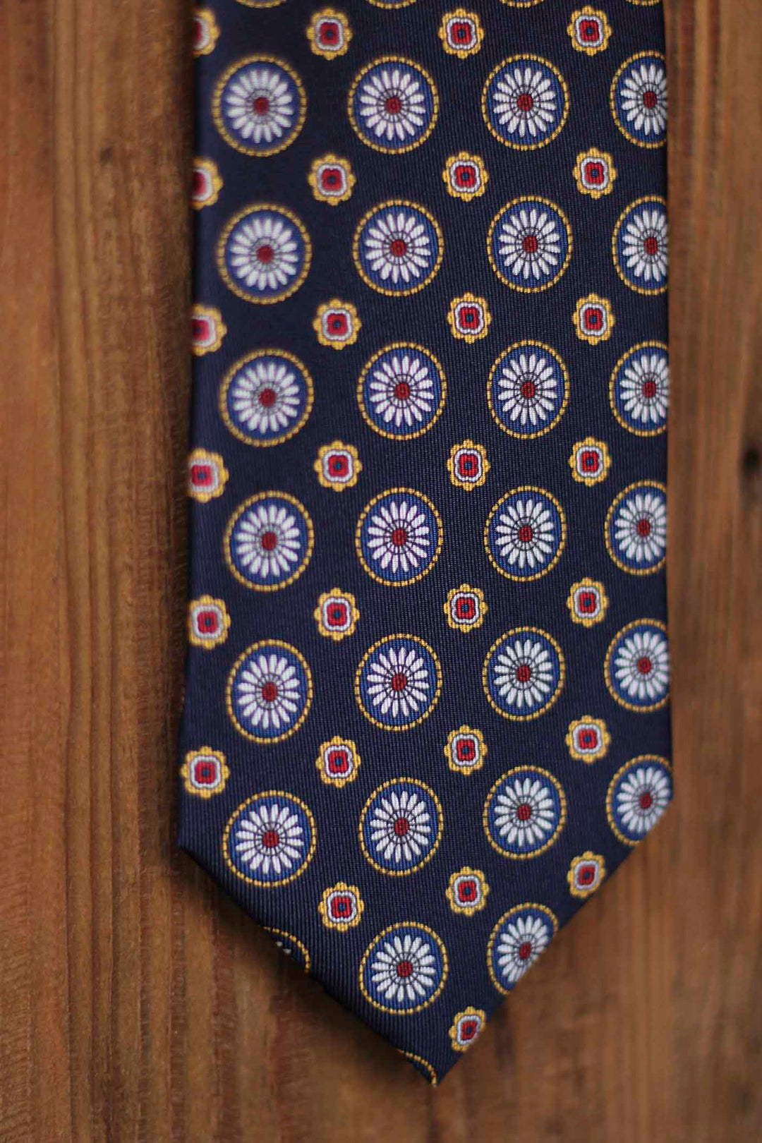 Napoli Navy Blue Silk Tie with Blue, White and Yellow Geometry