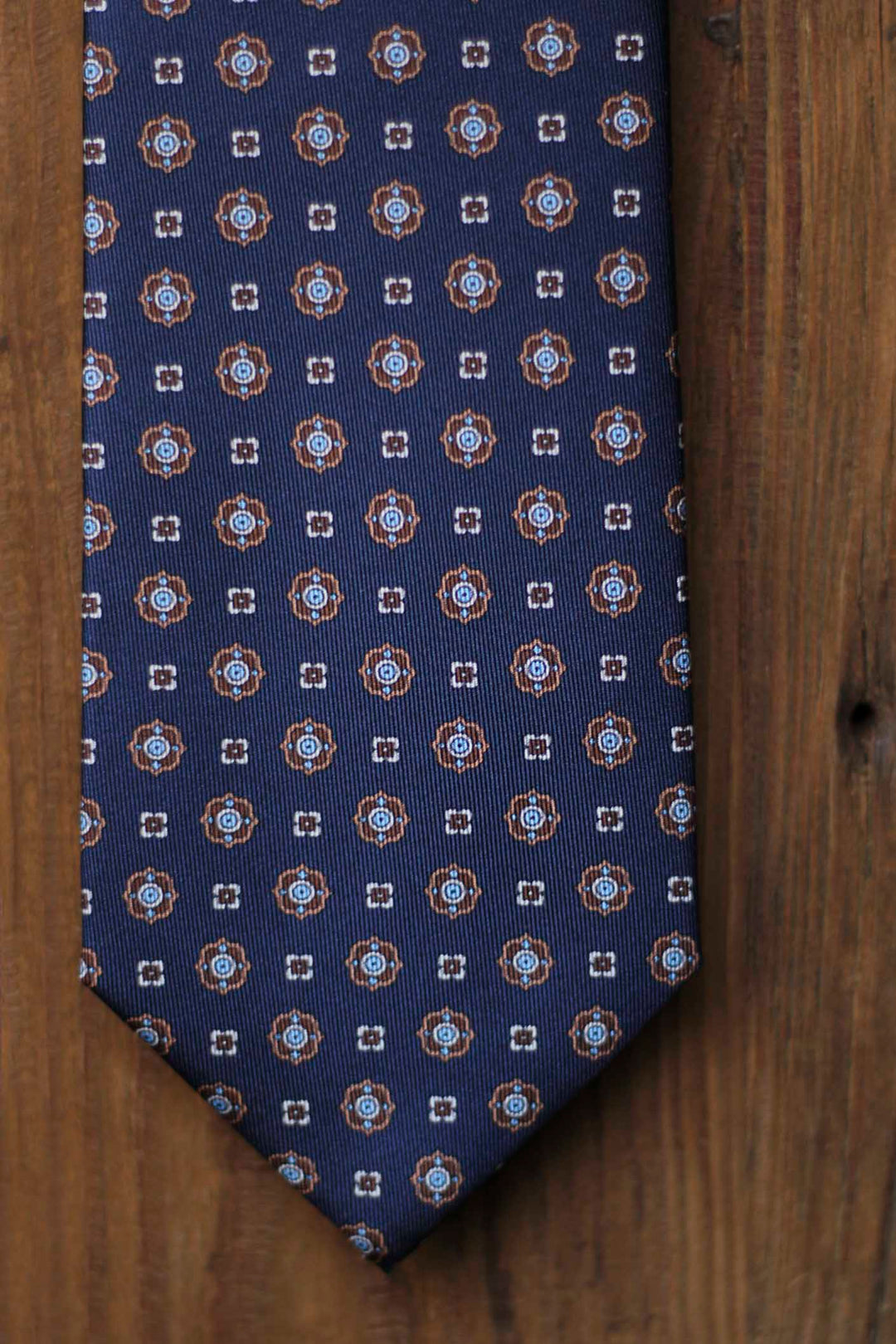 Napoli Silk Tie Navy Blue Geometry Blue, White and Brown