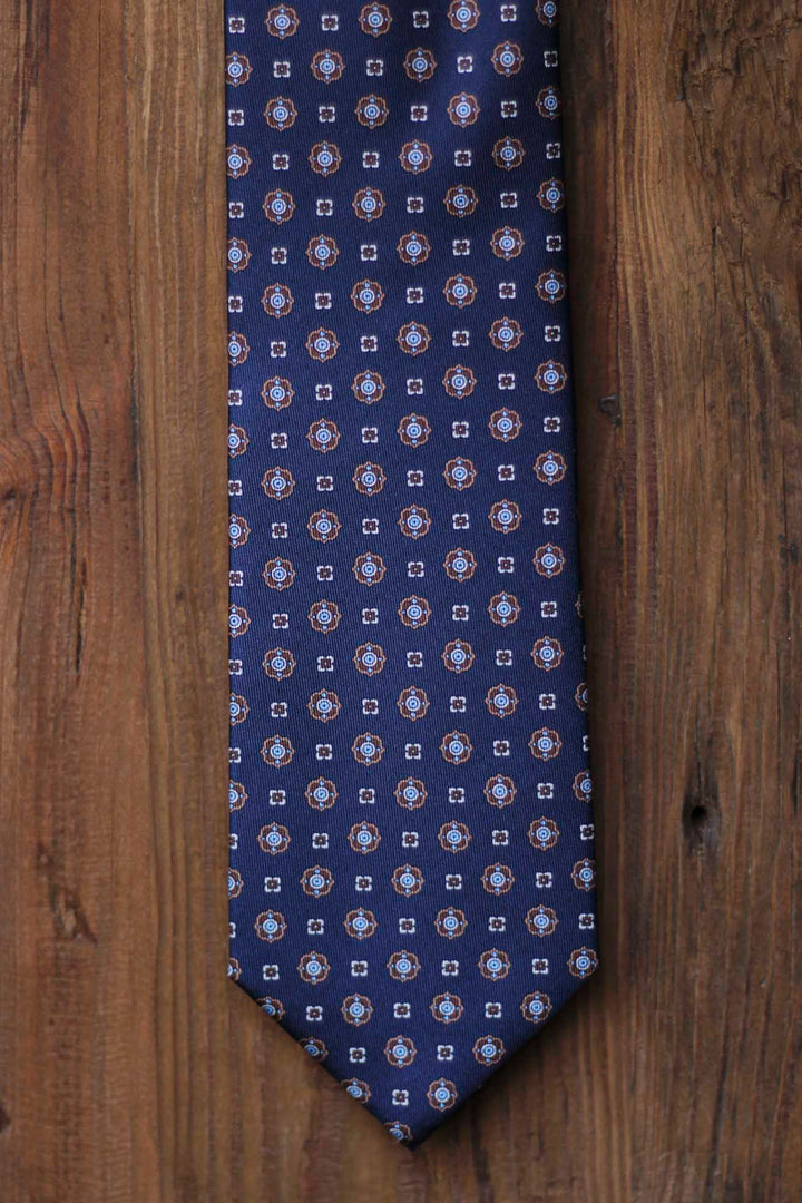 Corbata Napoli Seda Azul Marino Geometría Azul, Blanca y Marrón