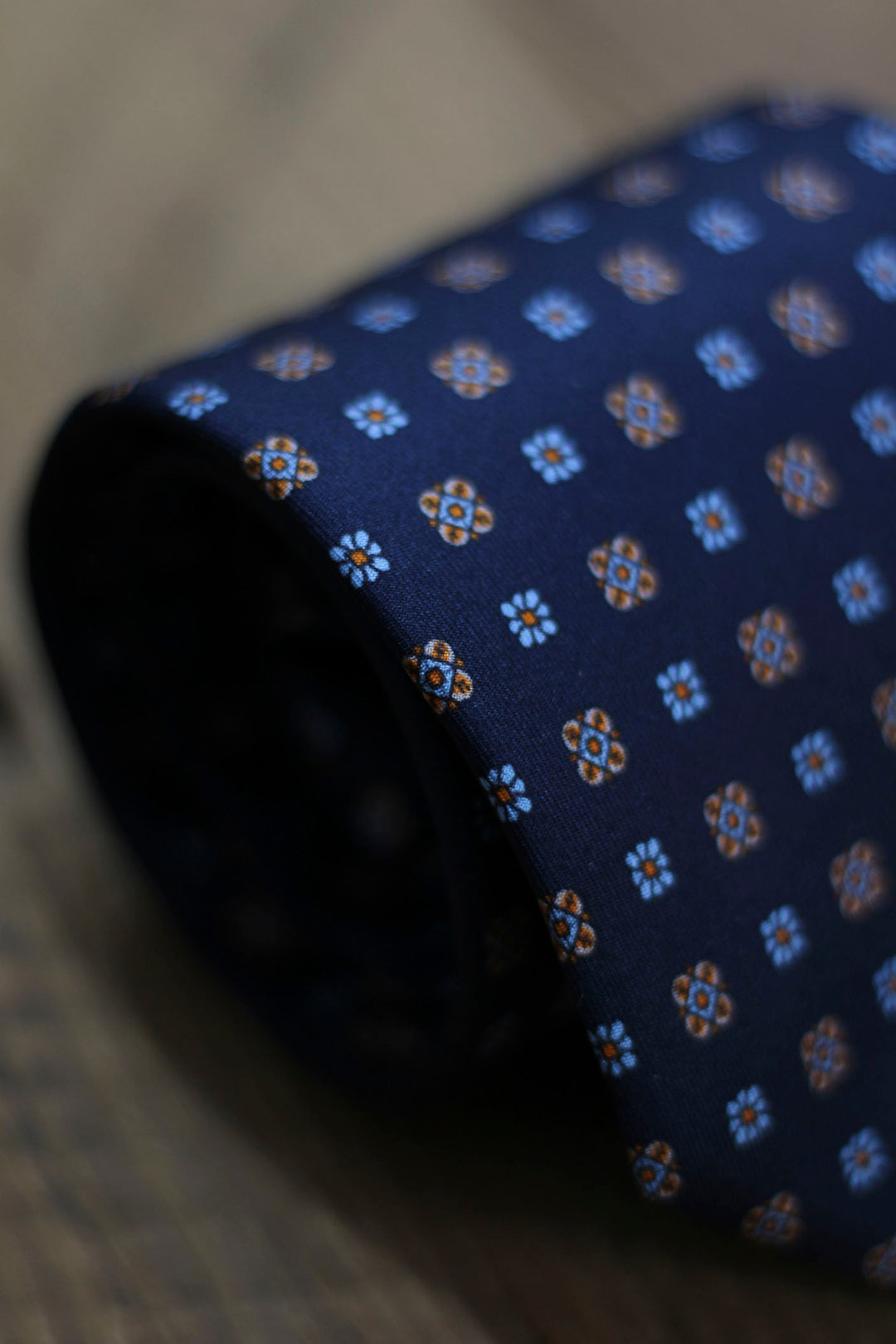 Navy Blue Silk Napoli Tie with Daisies and Celestial Shields