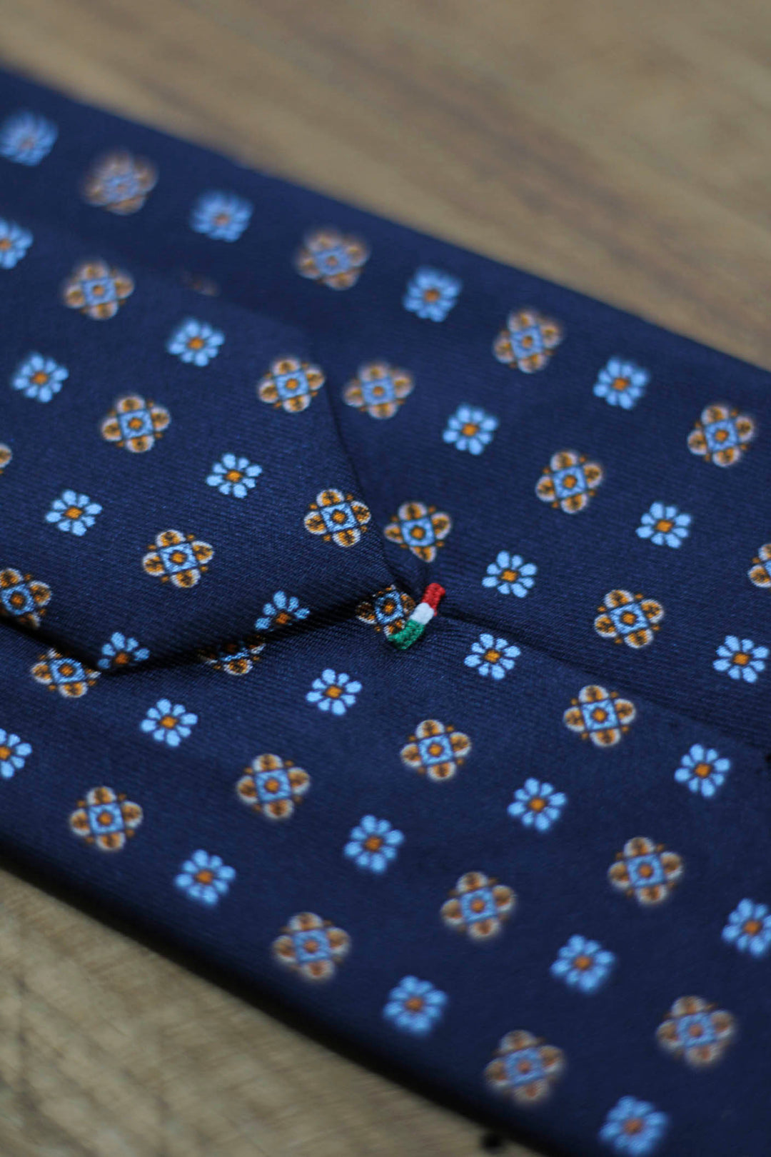 Navy Blue Silk Napoli Tie with Daisies and Celestial Shields