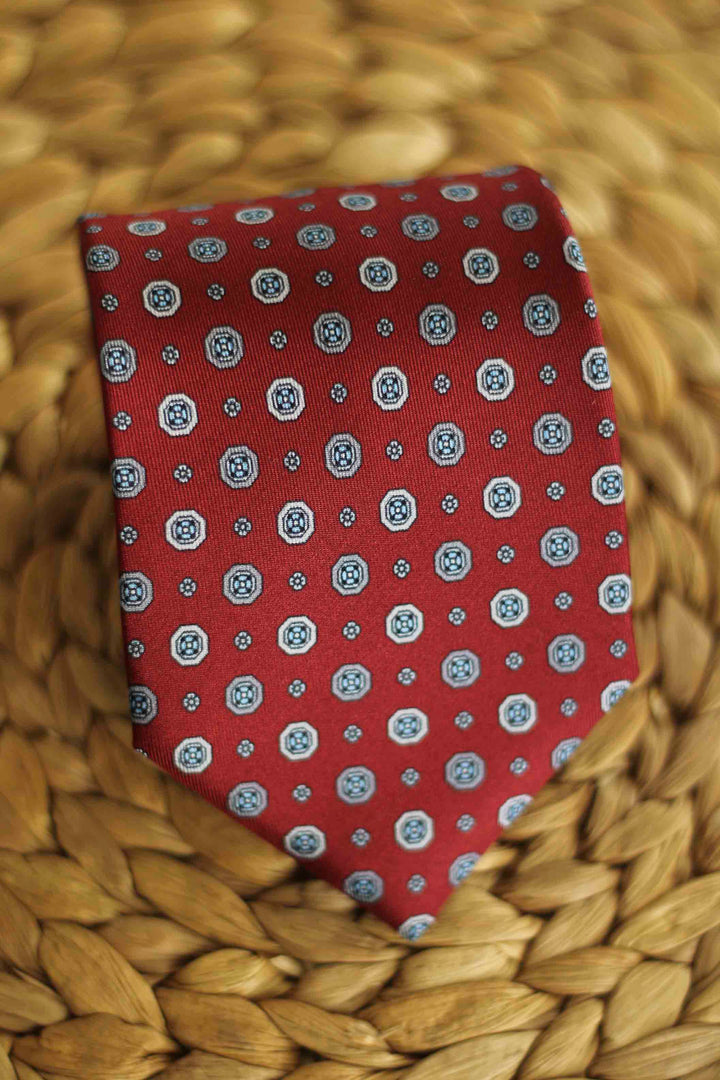Corbata Napoli Seda Roja Geometría Blanco Hueso