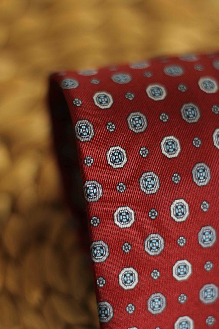 Corbata Napoli Seda Roja Geometría Blanco Hueso