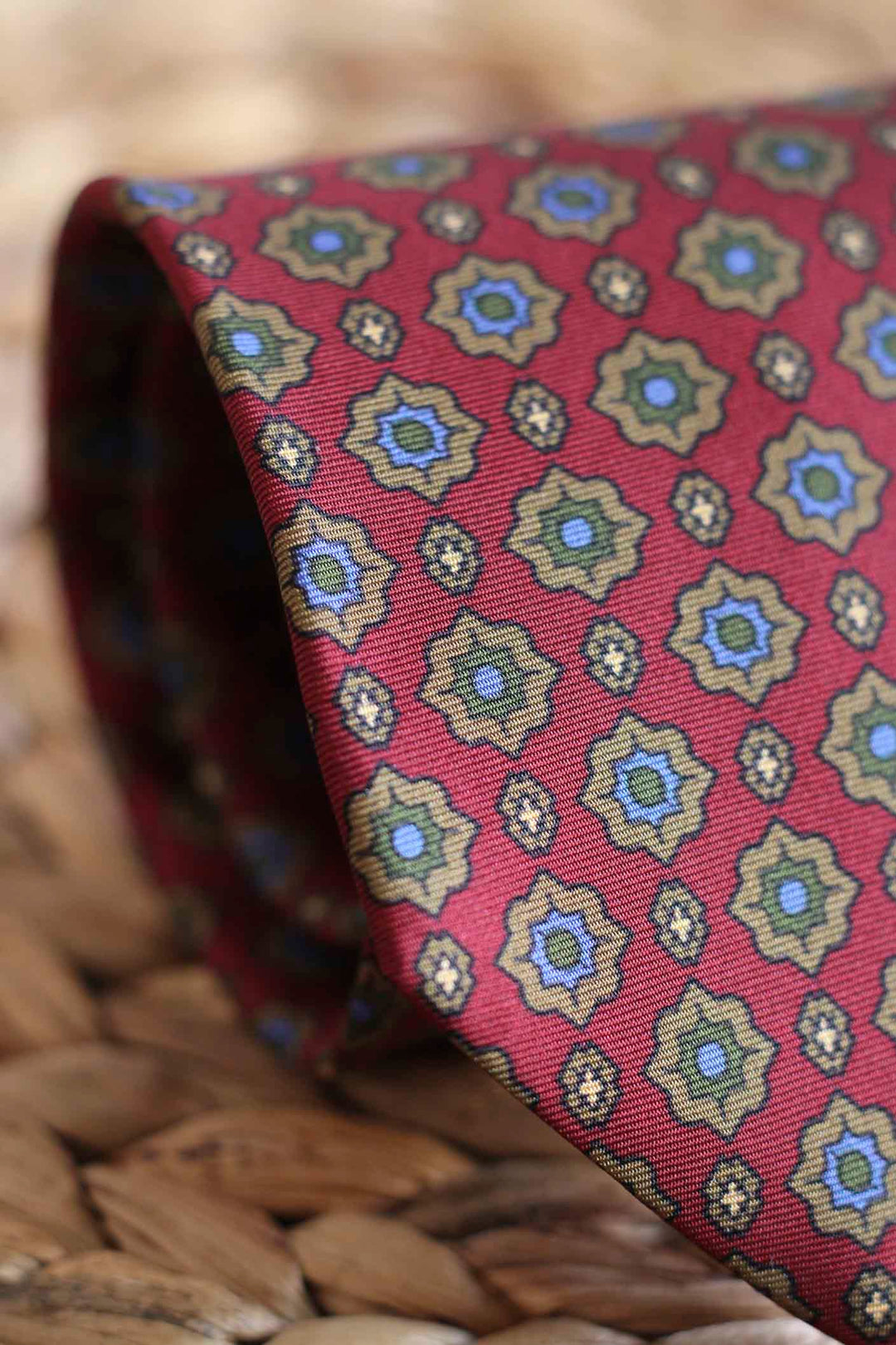Napoli Silk Oxide Red Tie Starry Geometry Olive, Ocher and Light Blue
