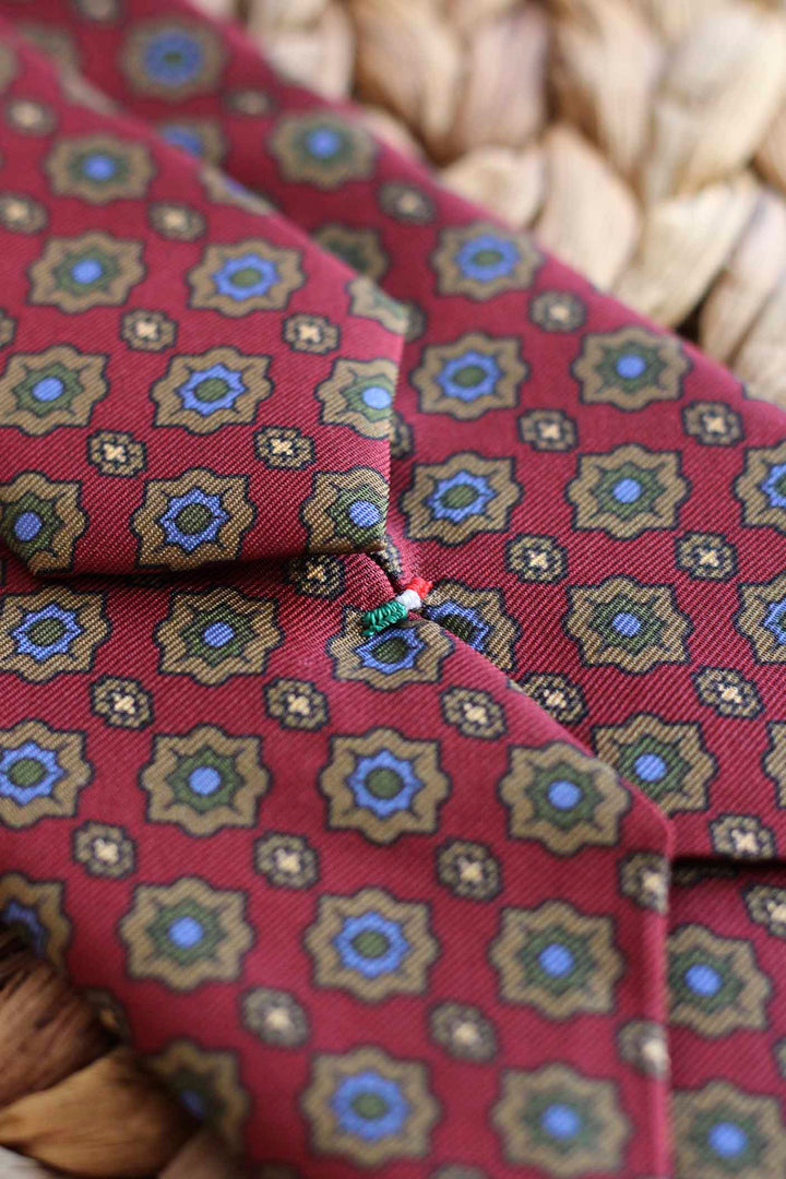 Napoli Silk Oxide Red Tie Starry Geometry Olive, Ocher and Light Blue