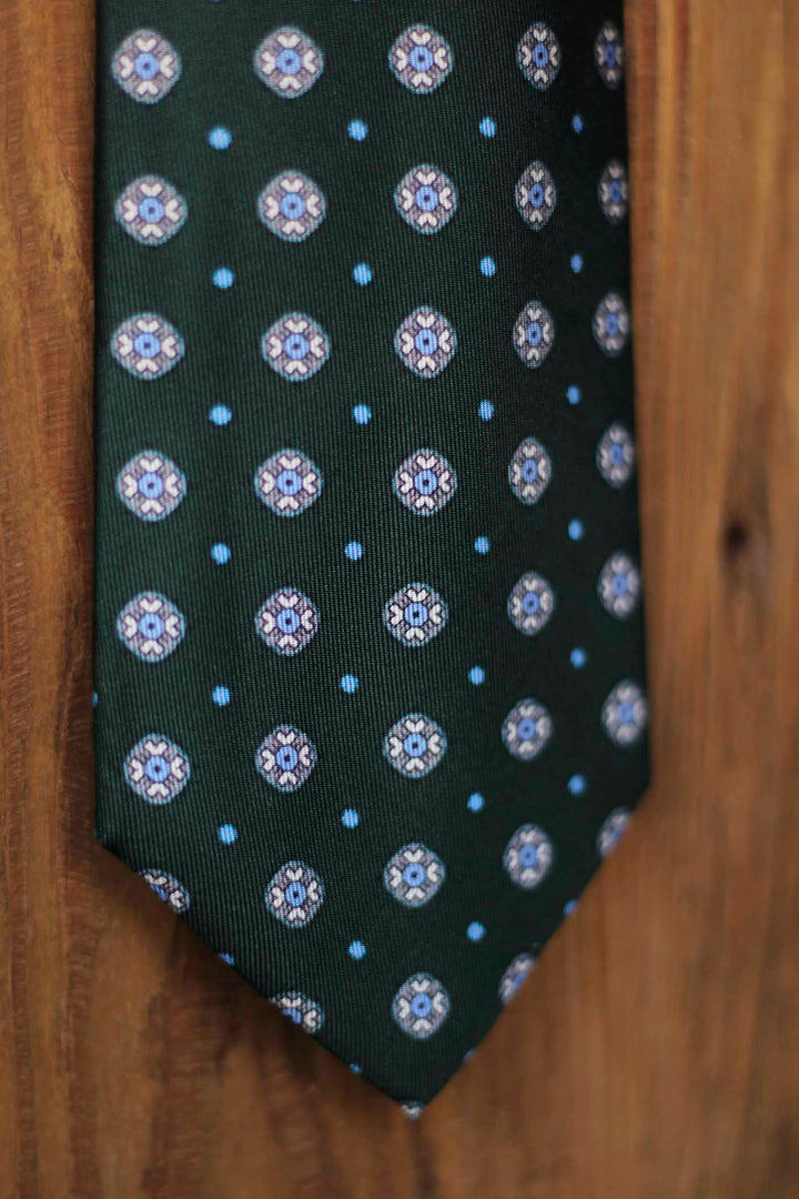 Napoli Silk Bottle Green Tie Sky Blue and White Geometry