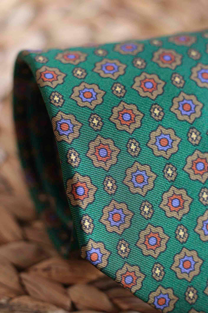 Napoli Green Silk Tie Starry Geometry Ocher, Oxide and Light Blue