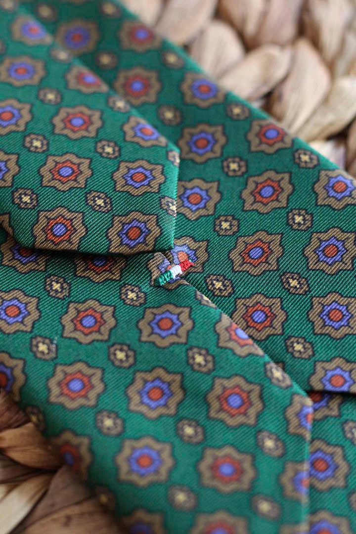 Napoli Green Silk Tie Starry Geometry Ocher, Oxide and Light Blue