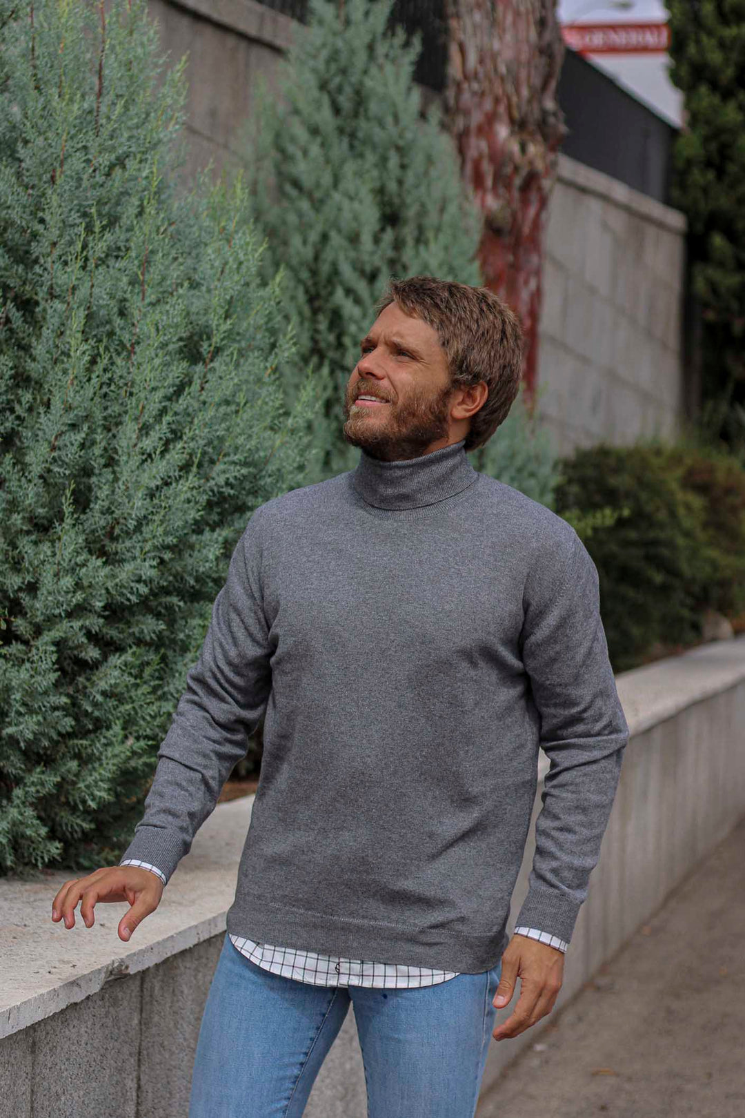 Medium Gray Cotton Roll Neck Sweater FINE Thickness