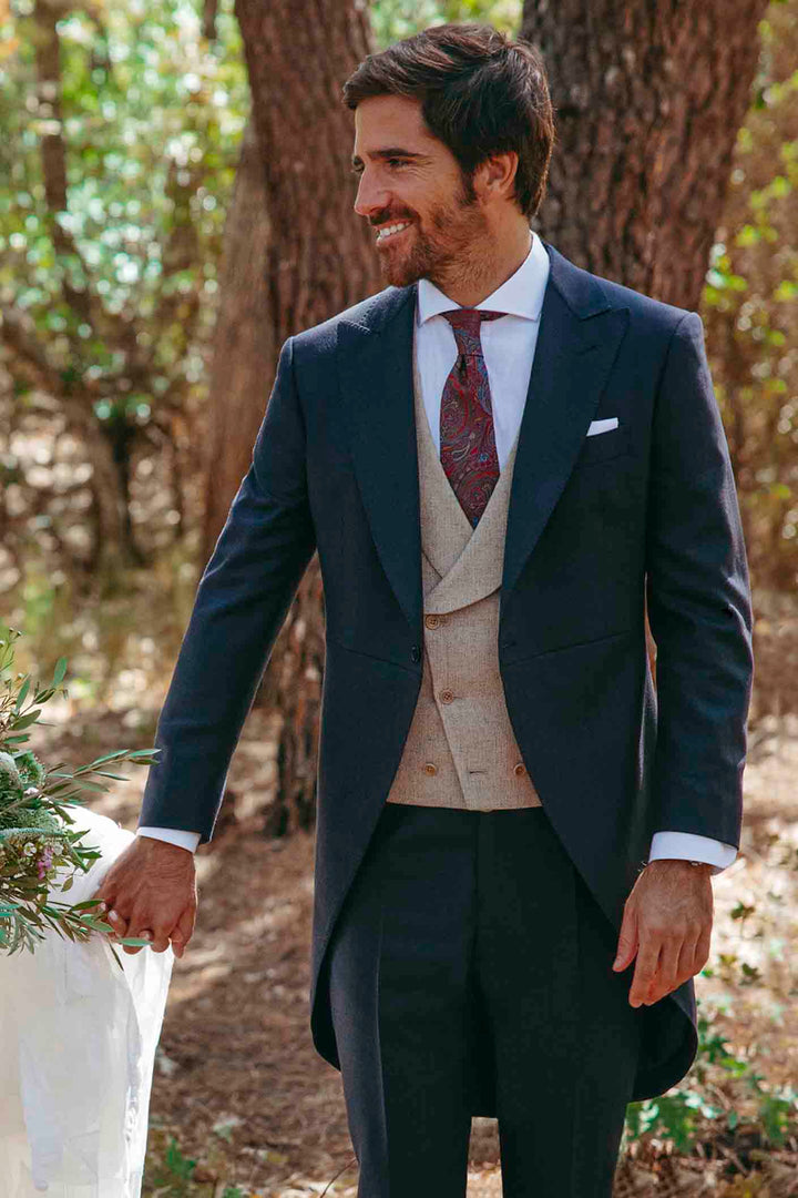 MTM Navy Herringbone Morning Suit and Knotted Linen Waistcoat Coffee Jacket