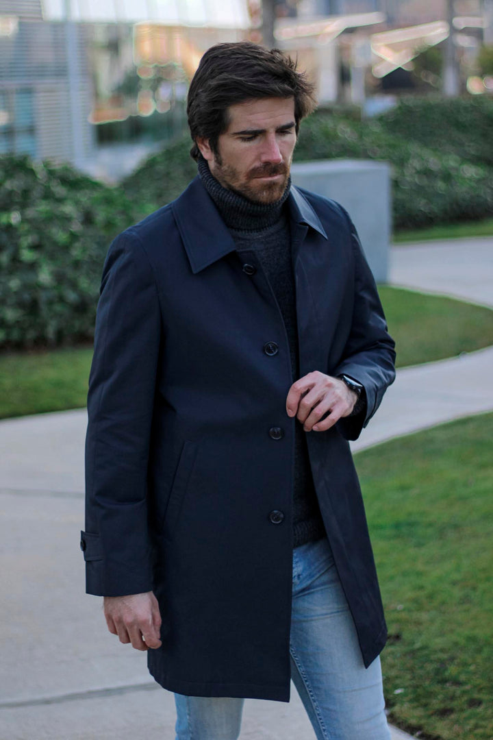 Navy Blue 3/4 Trench Coat with Horn Buttons