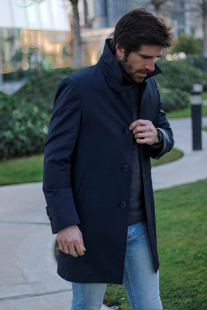 Navy Blue 3/4 Trench Coat with Horn Buttons