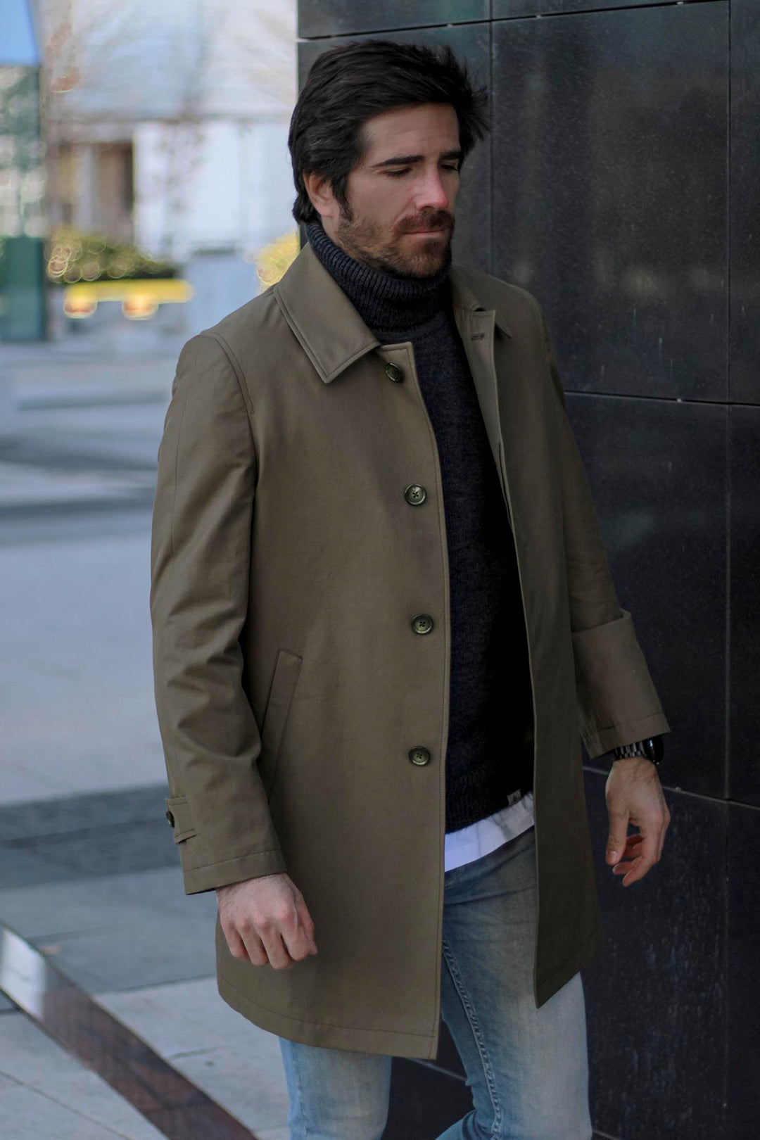 Medium Olive Green 3/4 Trench Coat with Matching Horn Buttons