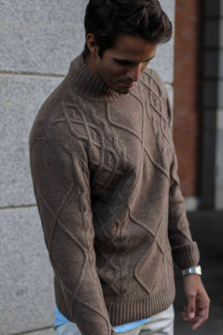 Cable Knit Funnel Neck Sweater Rust Brown