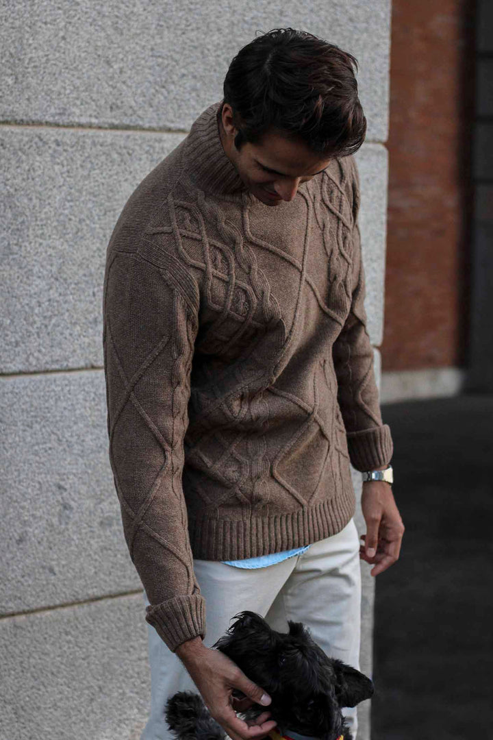 Cable Knit Funnel Neck Sweater Rust Brown