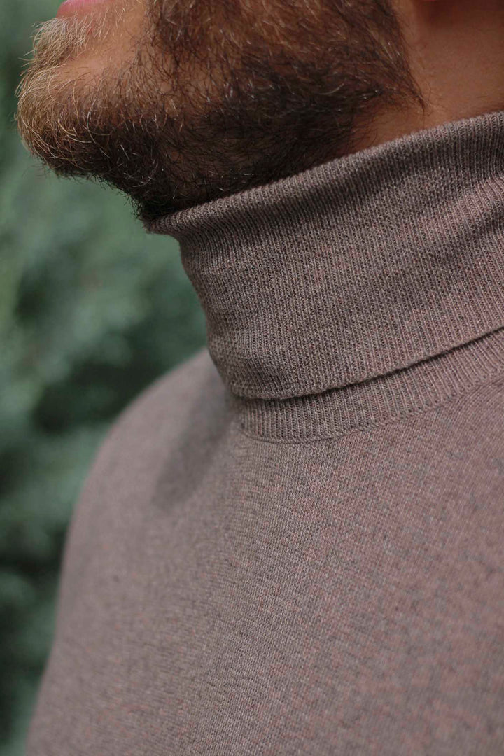 Latte Brown Cotton Roll Neck Sweater FINE Thickness