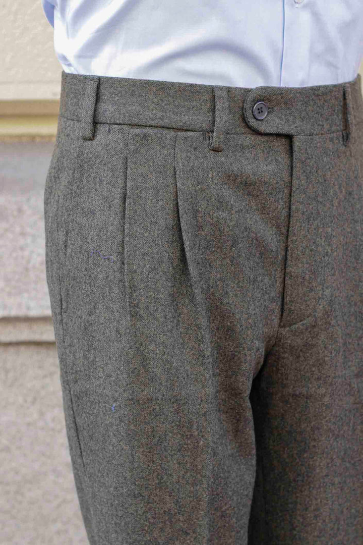 Mahogany Brown Plain Double Pleated Flannel Dress Pants