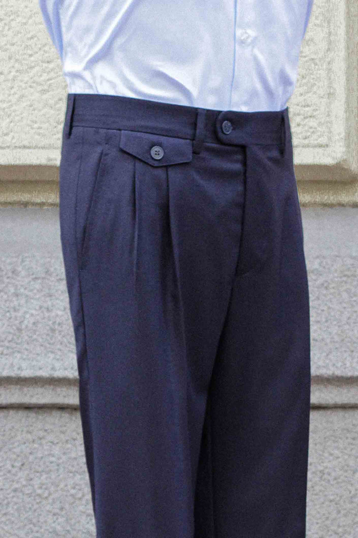 Navy Blue Wool Dress Pants Double Pleat and Watchmaker