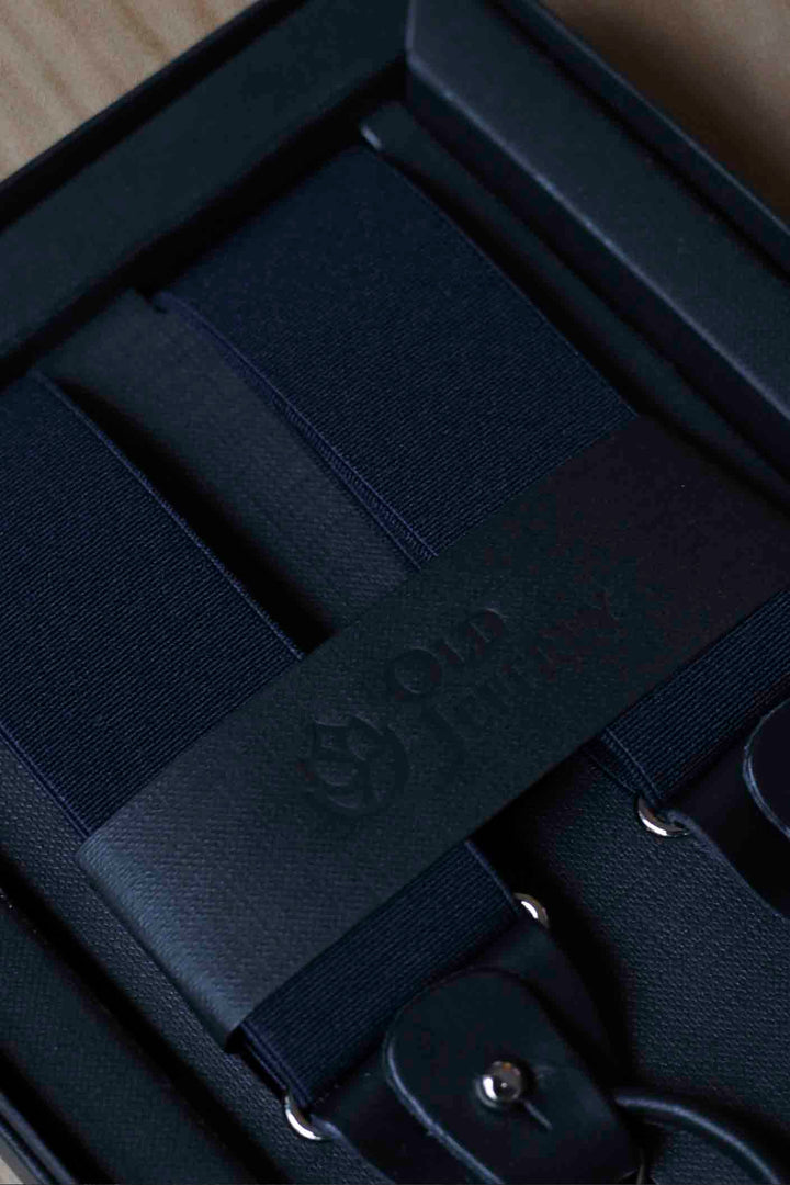 Plain Navy Blue Braces with Black Leather Handles
