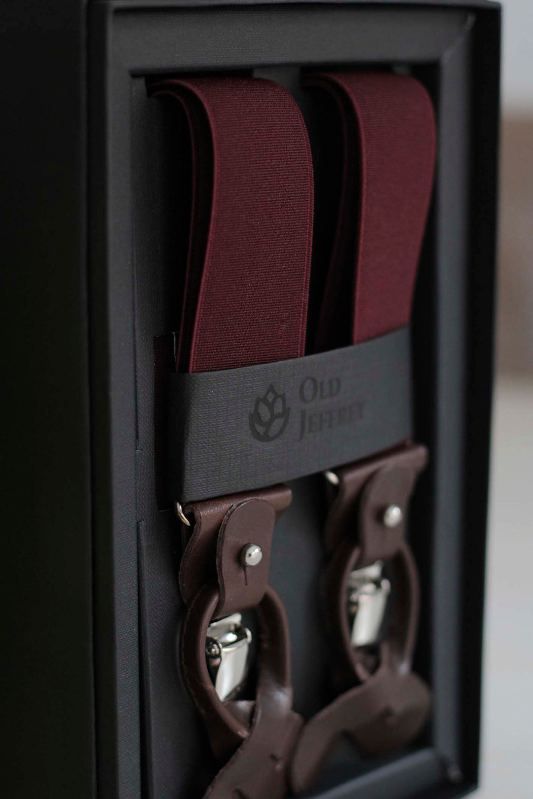 Solid Burgundy Suspenders with Black Leather Handles